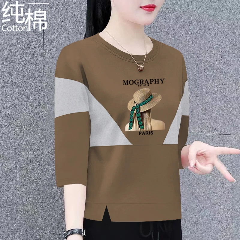 纯棉七分袖女士t恤夏季新款韩版宽松显瘦洋气百搭圆领休闲上衣女