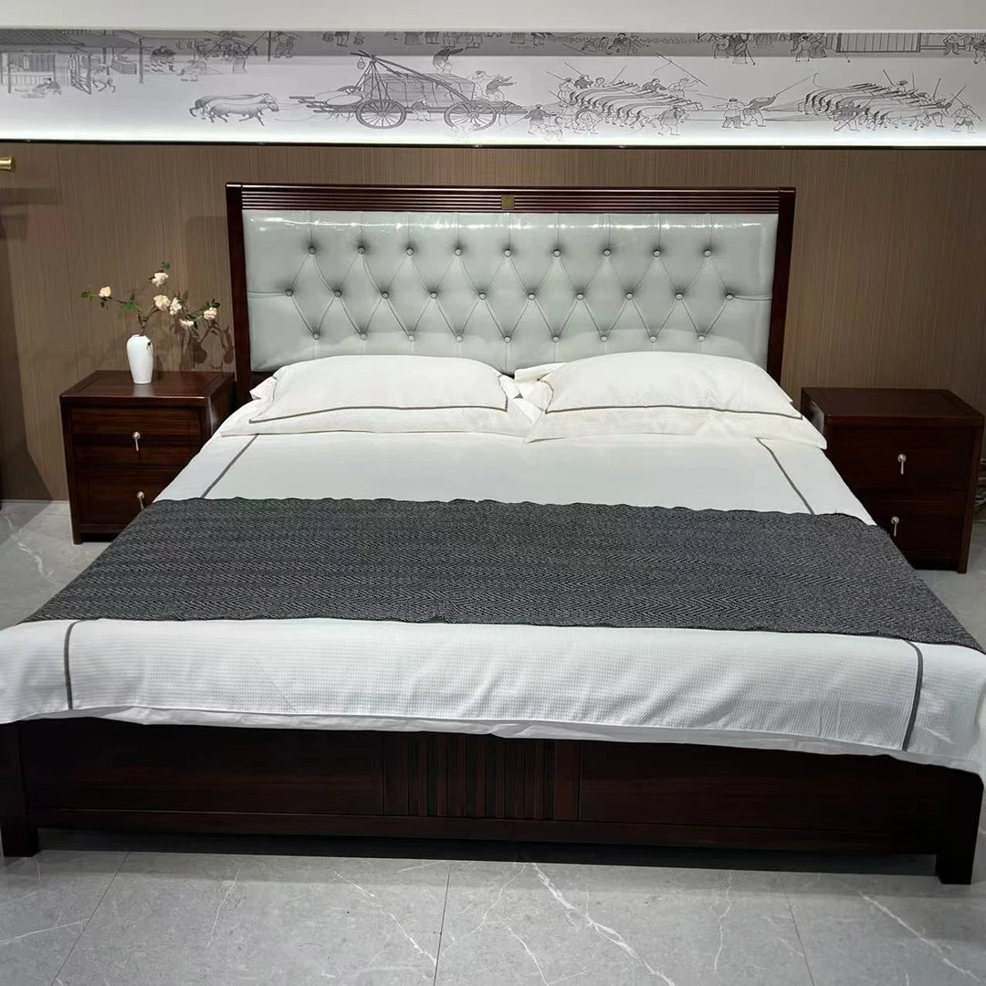 新中式国潮全实木进口乌金木主卧1.5/1.8次卧高箱储物框架双人床