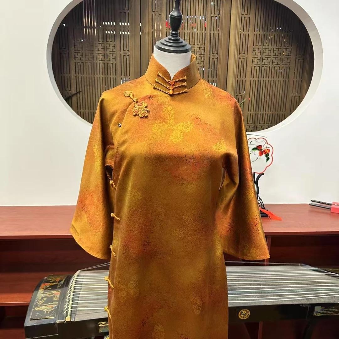 霞光黄印蝴蝶气质旗袍QP-30541