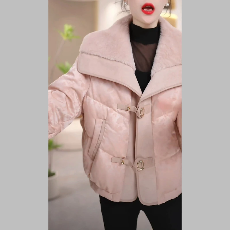 珍珠缎短款保暖羽绒服女2024冬季新款韩版显瘦时尚加厚白鸭绒外套