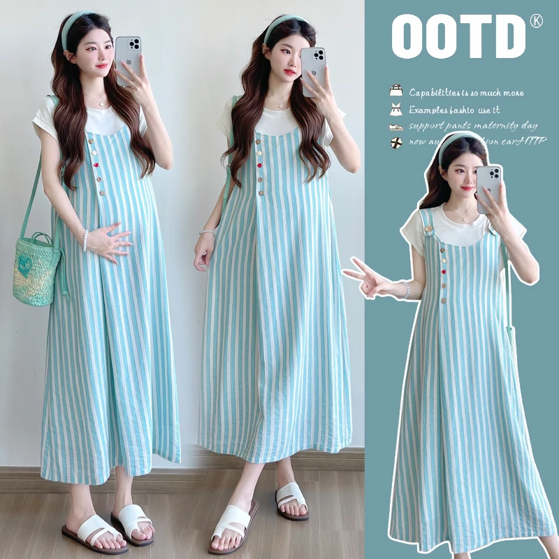 时尚条纹孕妇2025夏季上新时尚条纹背带裙 短袖T恤两件套套装裙子
