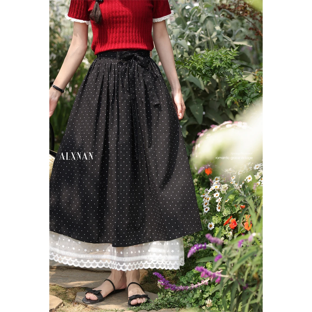 「粉丝福利」鹿向南「波点绮梦」法式高级感黑色半身裙夏高腰小众长裙