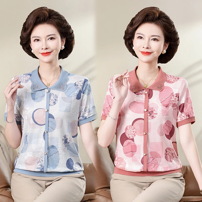 2025新款妈妈夏装冰丝小衫上衣洋气中老年人女翻领短袖薄款T恤