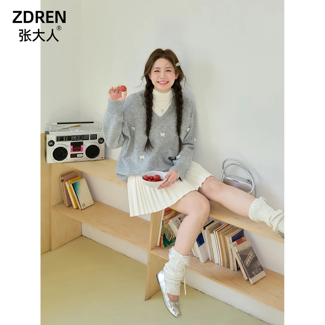 张大人【雾凇无月】大码女装微胖妹妹灰色蝴蝶结毛衣叠穿半裙套装