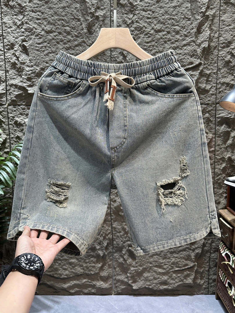 美式高街破洞牛仔短裤男宽松直筒水洗做旧潮流百搭运动休闲五分裤