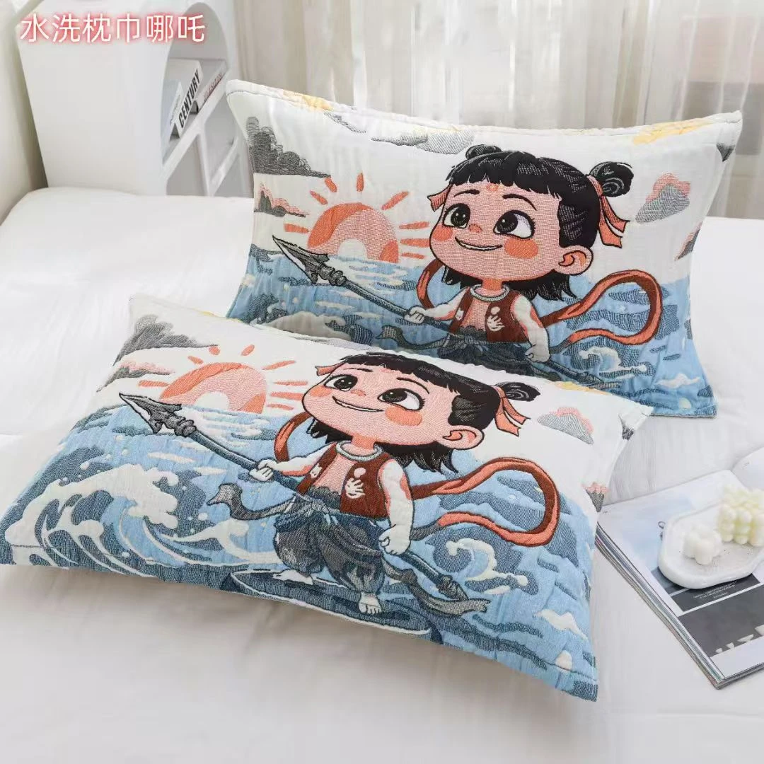 【哪吒闹海】加厚纱布棉52x78cm成人枕巾一对装XH