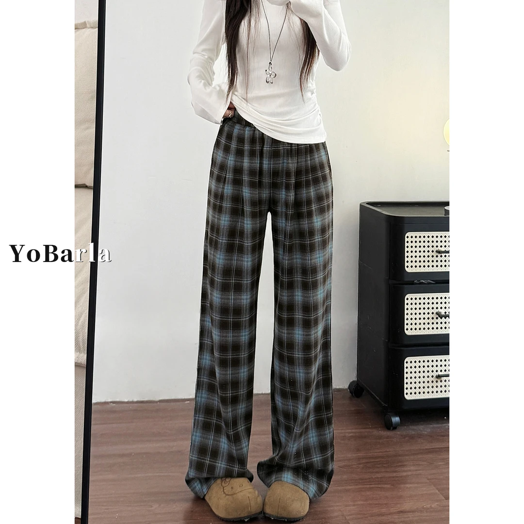 格纹直筒休闲裤女冬季加绒胖mm大码梨形身材宽松垂感阔腿裤子