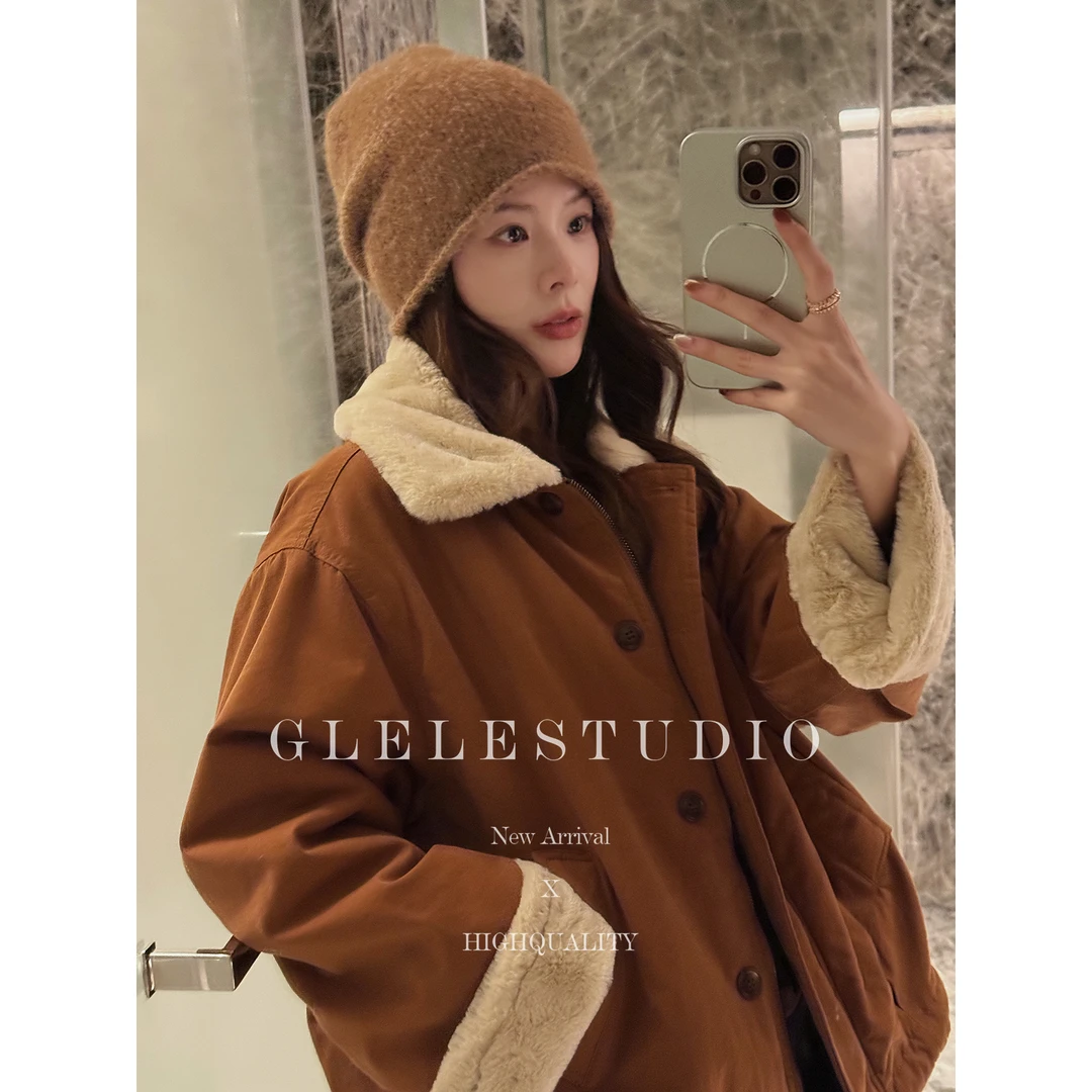 Glele私服「落日夕阳」复古翻领松弛感拉绒保暖百搭外套