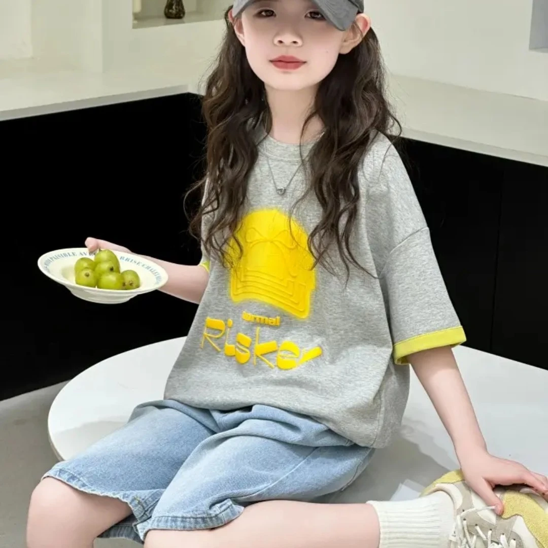 【陈思晨】夏季印花套头针织宽松女休闲风卡通动漫百搭韩版女童短袖