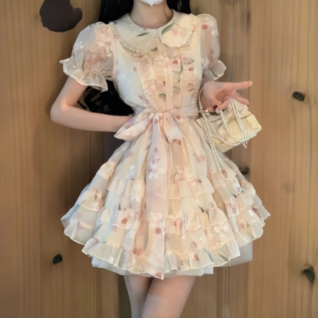 法式娃娃领碎花连衣裙女夏季郁金香甜美公主裙温柔风绝美小裙子