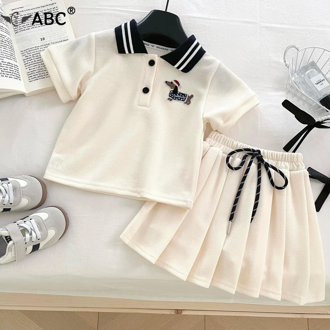 ABC2025夏季新款韩版女童学院风刺绣短袖裙套装宝宝气质两件套171