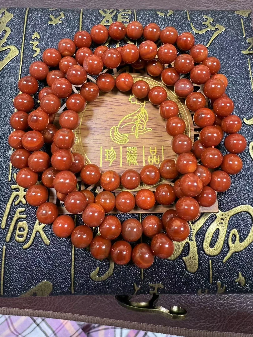 四川凉山纯天然深色柿子红满肉回纹玛瑙佛珠8MM【假一罚三】