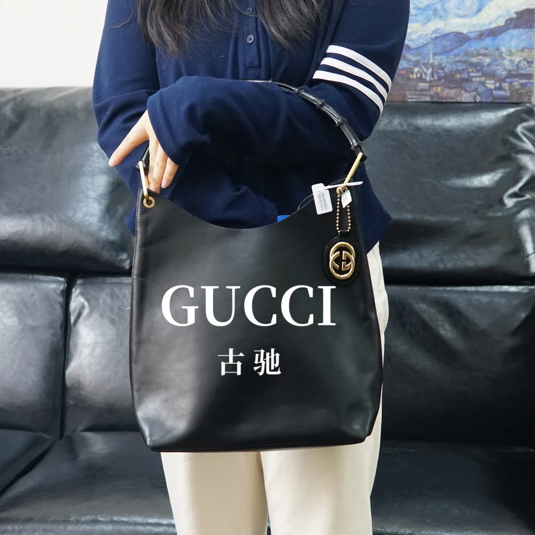 95新 GUCCI/古驰 黑色竹节单肩包/WJ01312053/2053