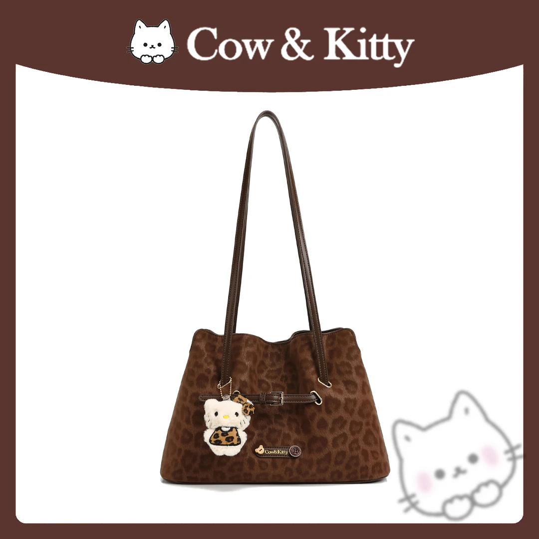 【刘叮当甄选】CowKitty/经典百搭大容量豹纹桶包单肩斜挎包8128褐