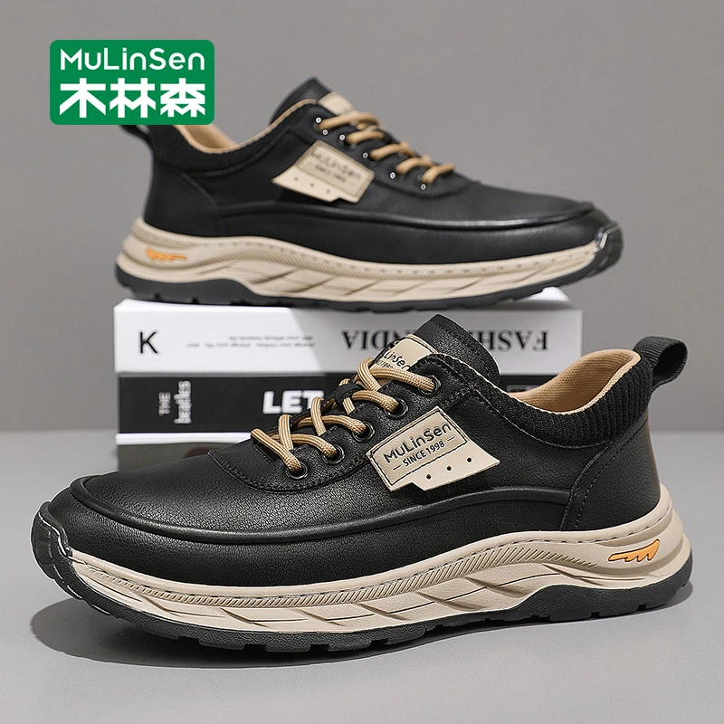 木林森男鞋2025新款秋季工作厚底耐磨防滑皮面百搭运动休闲鞋男款
