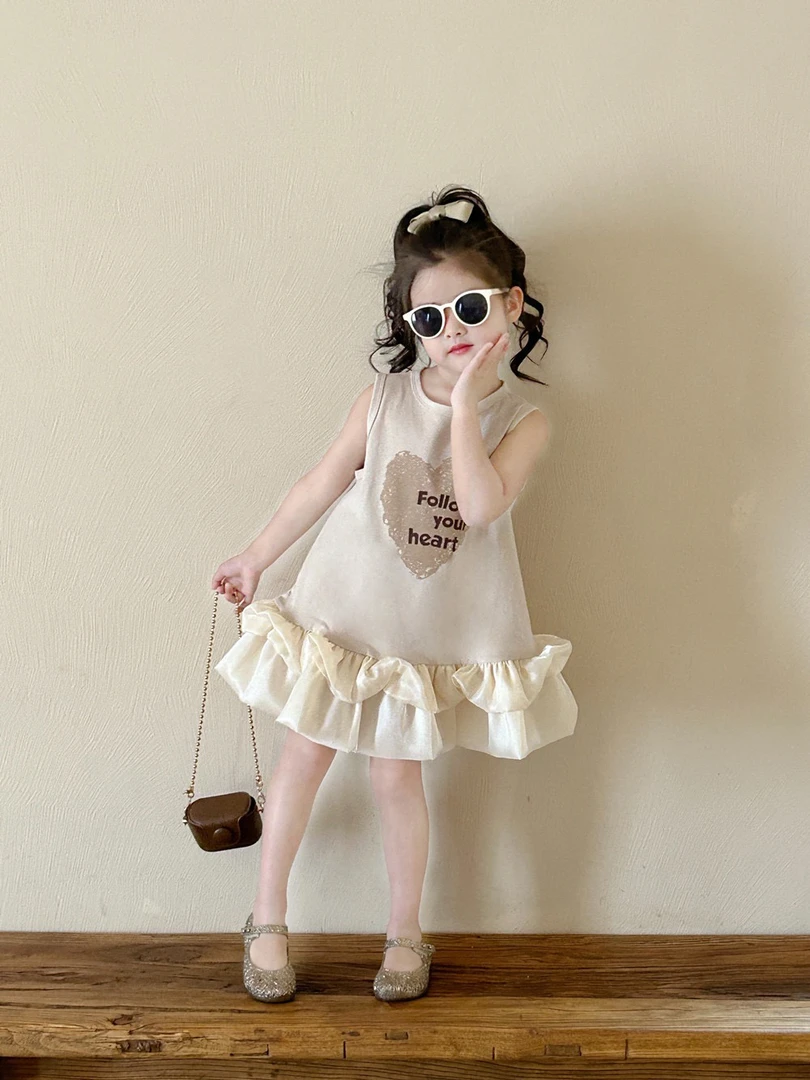 2025夏季新款女童月光纱背心裙儿童洋气拼纱公主裙宝宝爱心连衣裙