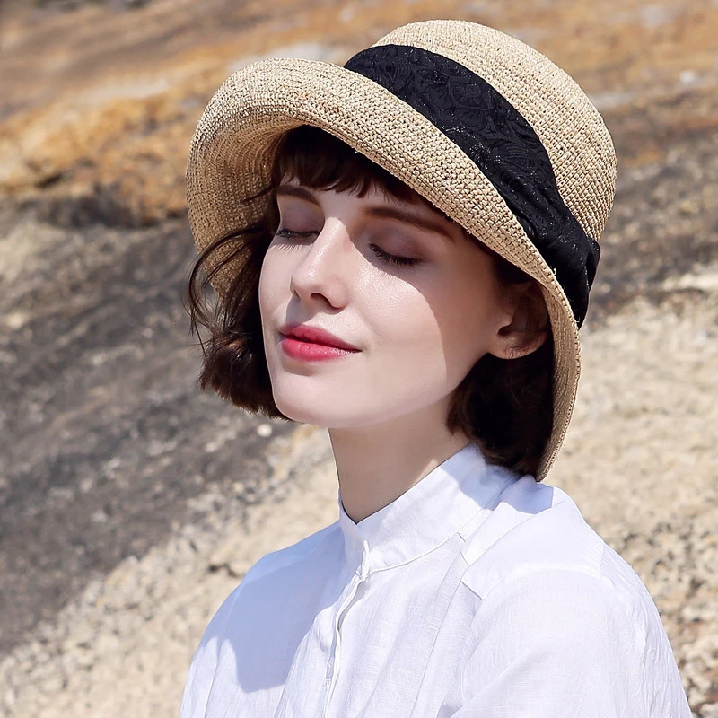 Mr DUCK日本设计师韩版编织特细手勾拉菲草帽女士夏季遮阳帽时尚