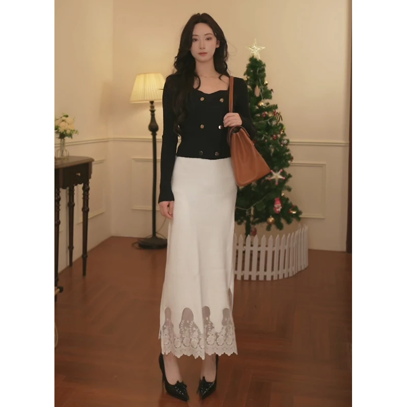 港风复古气质长袖显瘦小香风设计感蕾丝半裙温柔半身裙拼接WY428