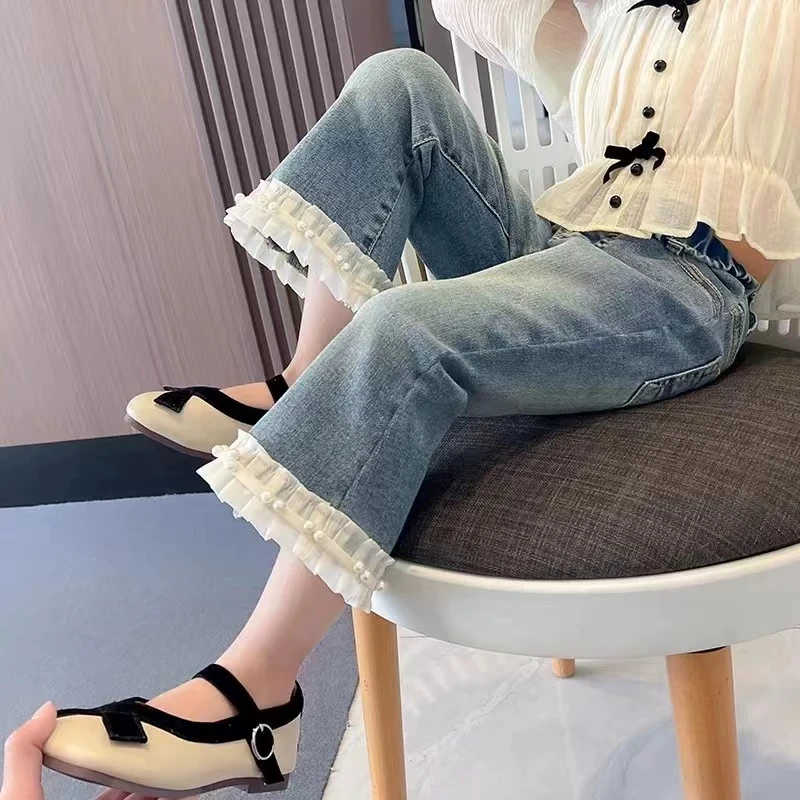 甜妈2024春夏款女童钉珠喇叭牛仔裤洋气时尚