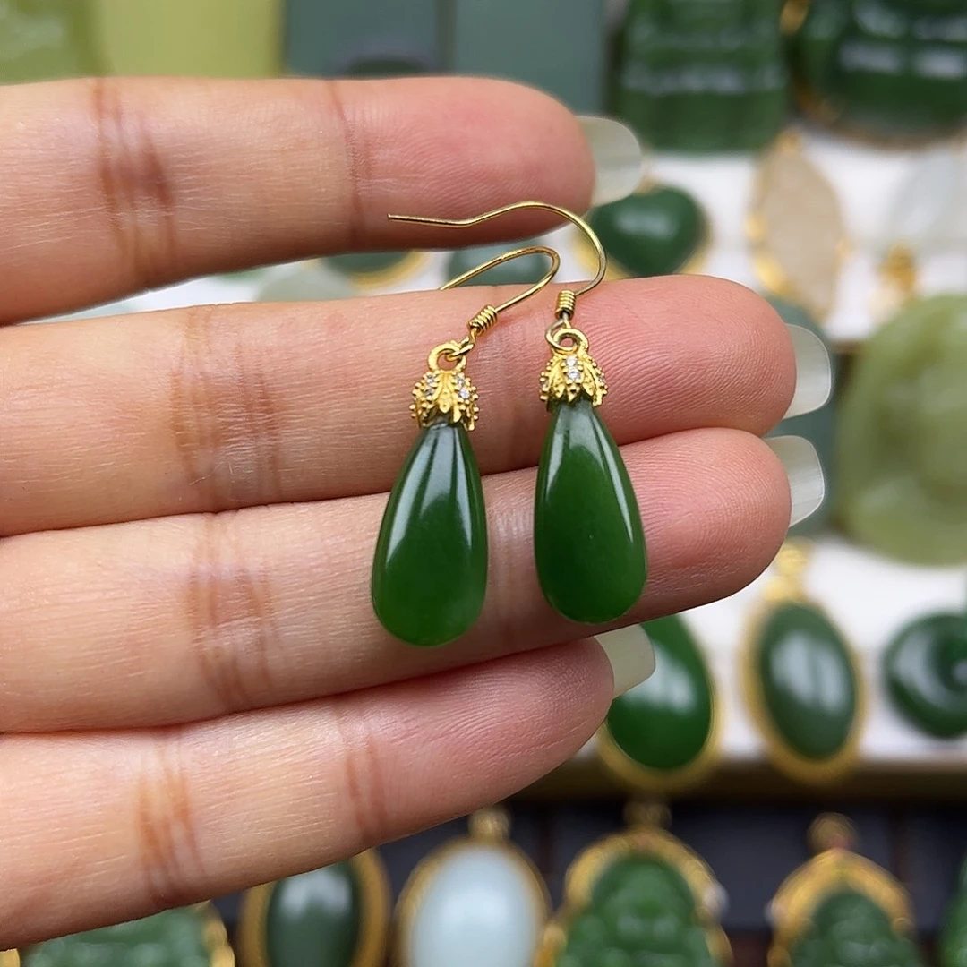 和田玉银S925镶嵌耳饰