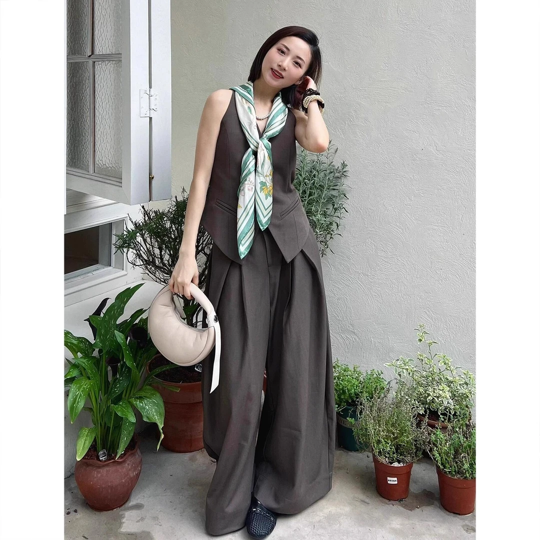 高级感法式V领马甲套装女夏复古高智感收腰无袖上衣阔腿裤两件套