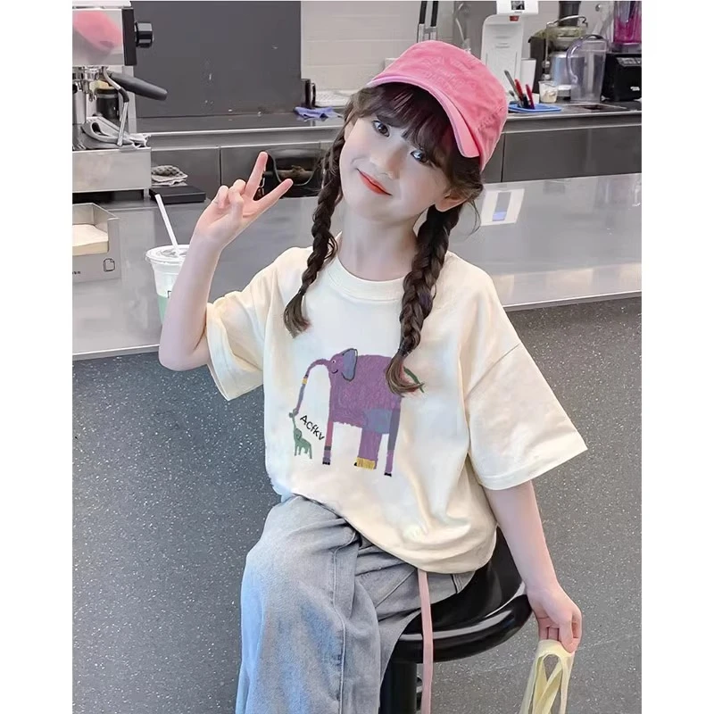 女童t恤短袖2025新款夏季半袖洋气大童纯棉时髦宽松圆领上衣体恤