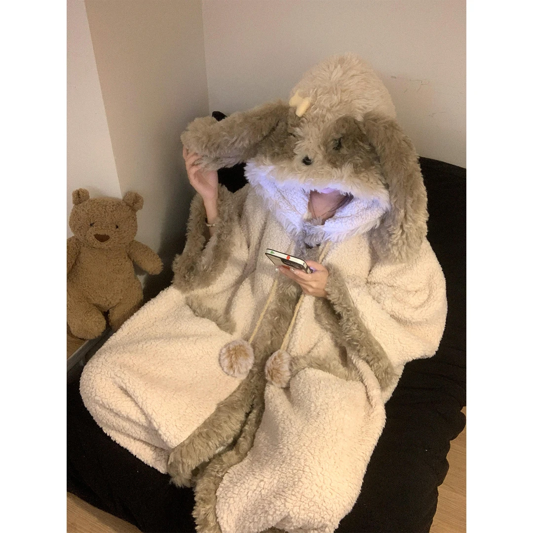 【合集】韩系甜美卡通兔子耳朵连帽珊瑚绒睡衣女秋冬保暖毛绒家居服