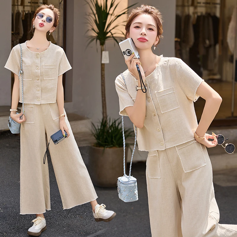 休闲时尚棉麻套装女2025年夏季新款高级感时尚高腰阔腿裤两件套潮