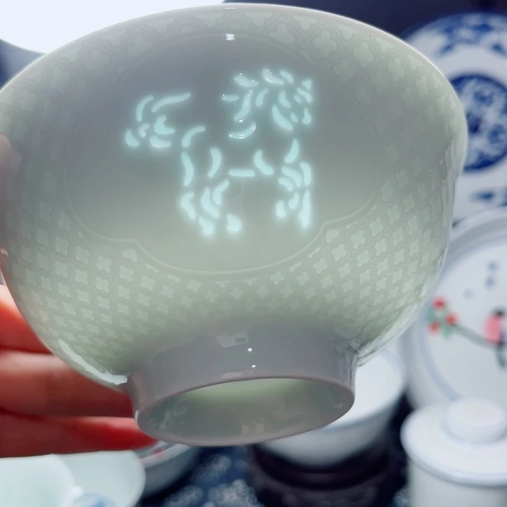 青花玲珑5寸饭碗生肖。马