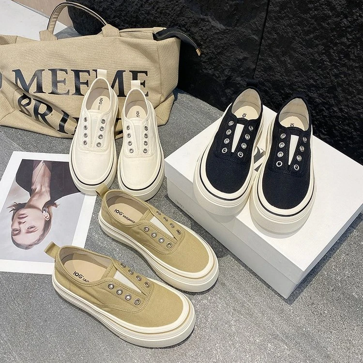 2025新款春秋款舒适软底透气百搭懒人鞋厚底鞋时尚一脚蹬帆布鞋女