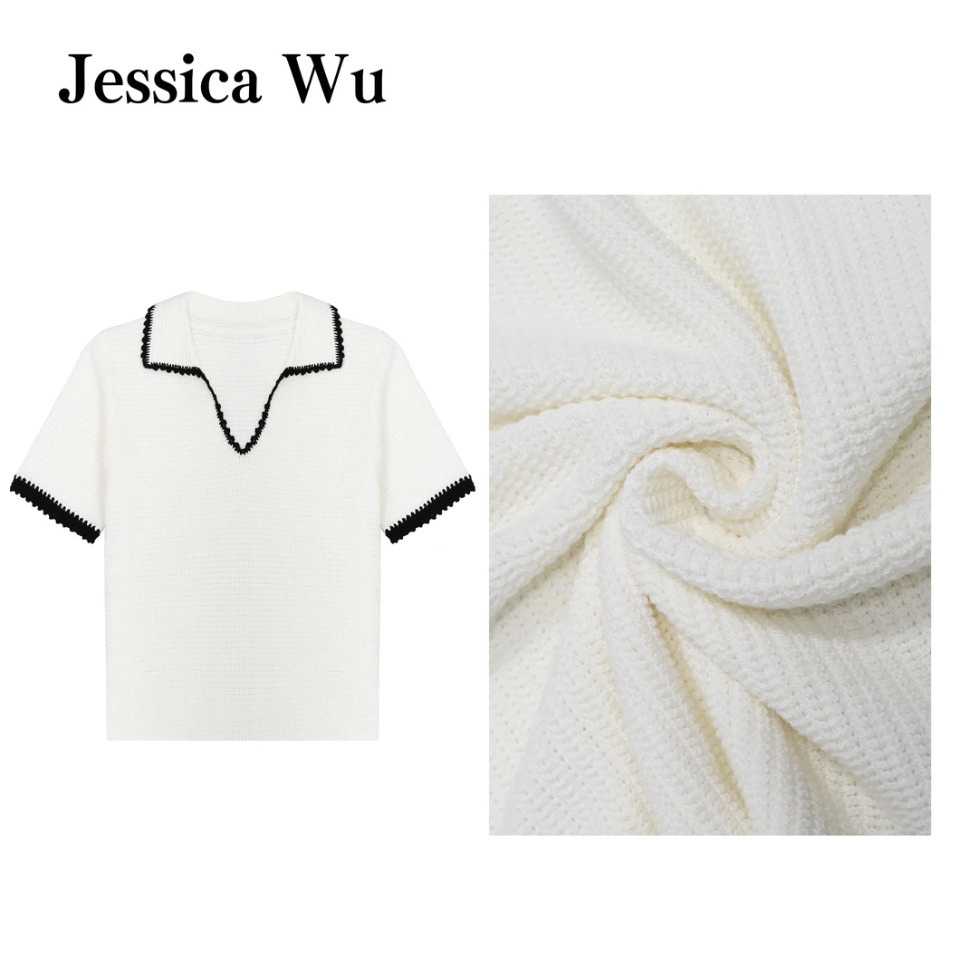 JESSICA WU清爽夏日~小香风手工钩花撞色气质百搭polo领针织短袖