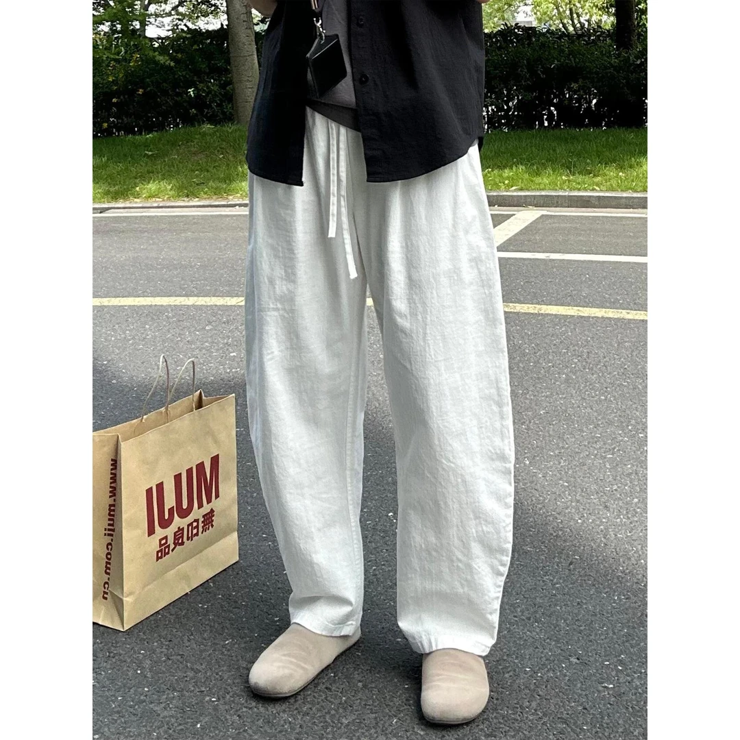 白色老钱风亚麻裤男款夏薄款透气棉麻苎麻裤子垂感宽松直筒阔腿裤