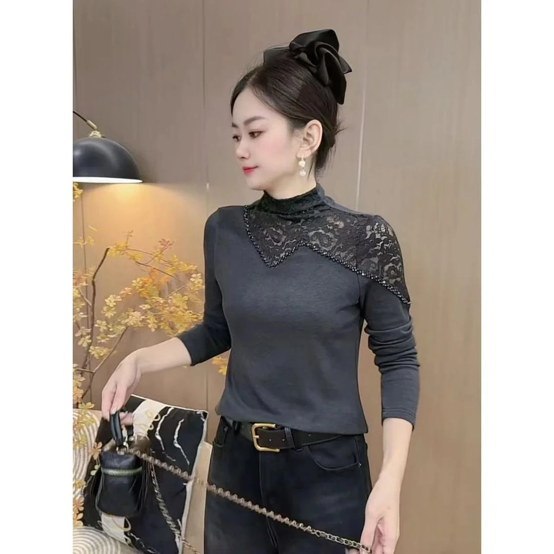 【7090】新品时尚钉珠镂空半高领长气质纯色百搭上衣