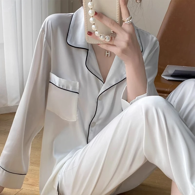 tpvl高级感缎面衬衫睡衣女春夏长袖纯色白色家居服套装薄可外穿