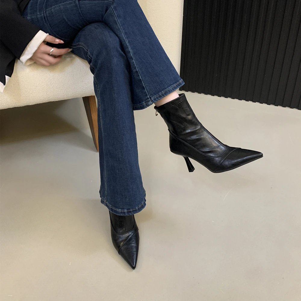 绝美气质尖头细跟瘦瘦靴女高跟拼接短靴2025秋冬新款软底约会踝靴