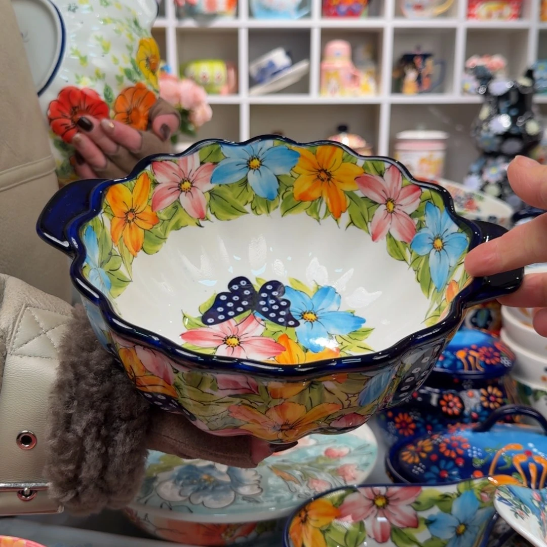 瓷8英寸蝴蝶双耳碗一只