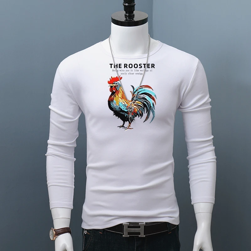 韩版圆领长袖T恤男士修身内搭打底衫大码磨毛秋冬印花上衣厚款潮