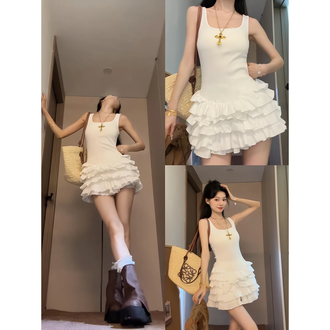 MARIE.COCO甜美风减龄白色吊带连衣裙女装夏荷叶边芭蕾风a字裙子