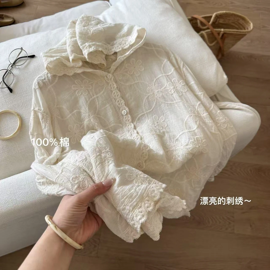 小文姐 W0586-提花刺绣连帽长袖衬衫秋款宽松显瘦上衣女