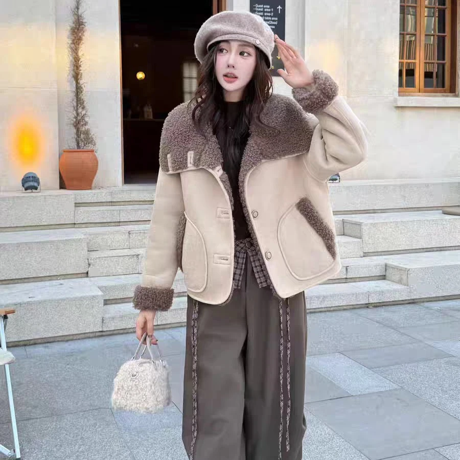 欧洲站2025冬季新款时尚皮毛一体短款外套女小个子加厚机车服上衣