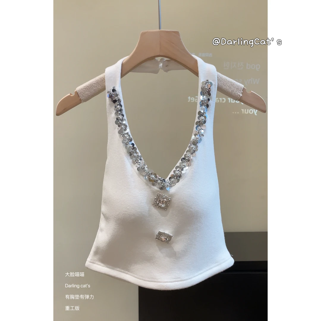 大脸喵 2025春款重工镶钻露背挂脖吊带小背心女修身辣妹上衣外穿