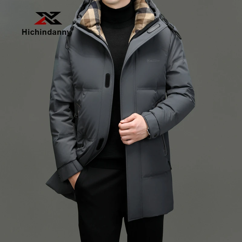 HICHIN运动连帽中长款羽绒服男士冬季加厚保暖羽绒衣休闲防寒外套