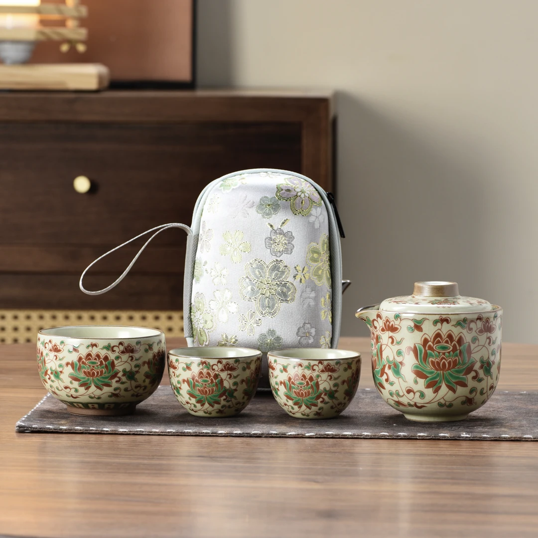 缠枝莲一壶三杯旅行茶具套装手抓防烫圈组合户外旅游