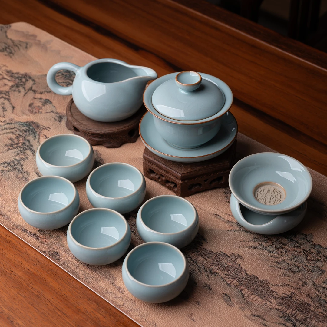 赵运圈天青元宝盖碗十件汝窑茶具套装高端全套 汝州汝瓷正品店