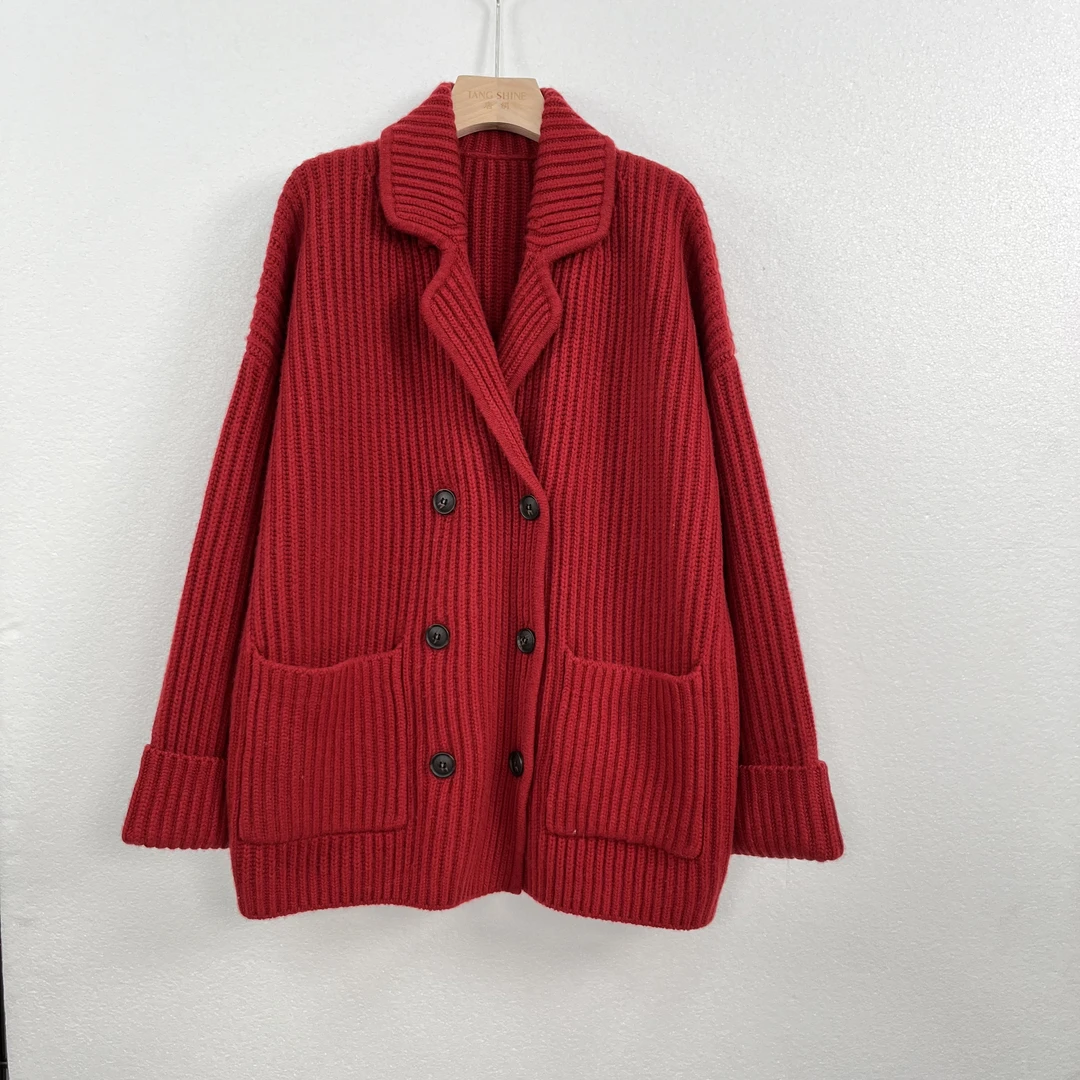 唐绢时尚纯山羊绒翻领针织衫加厚开衫外套洋气长袖冬新C112631-JY