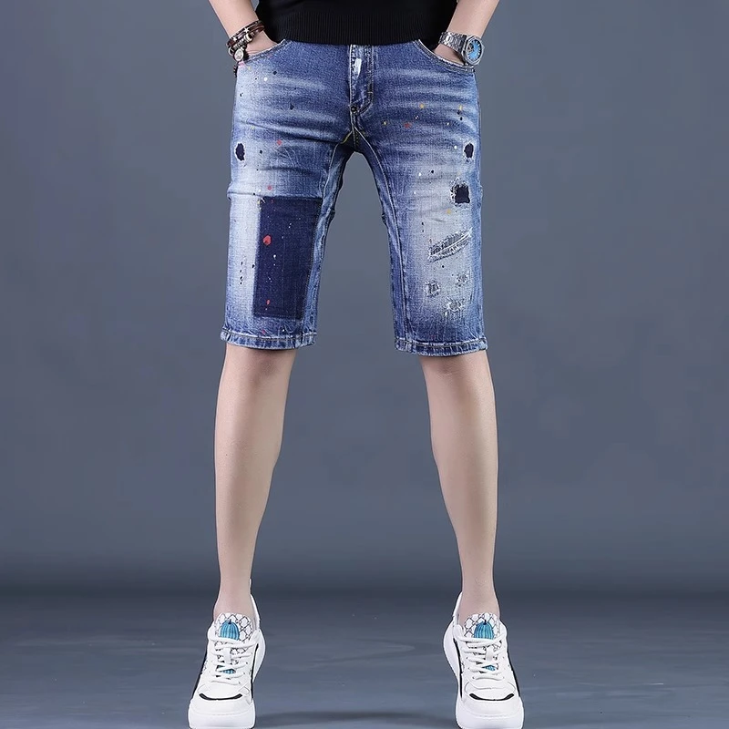 GS蓝色破洞中裤男五分裤牛仔短裤夏季薄款休闲百搭韩版男士直筒