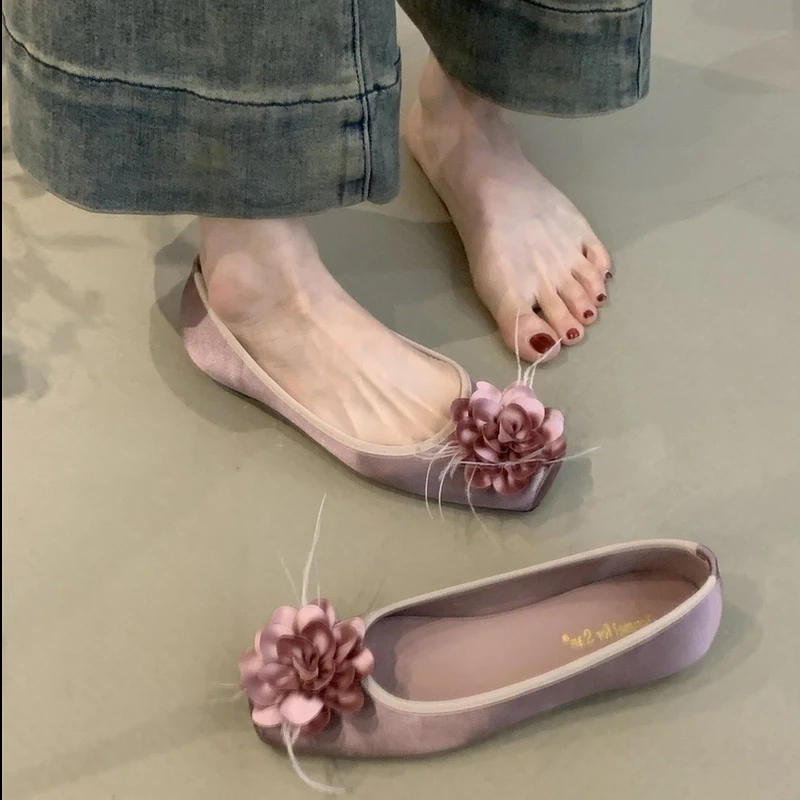 JM-613-9温柔仙女风内增高绸面单鞋2025年法式优雅花朵浅口晚晚鞋