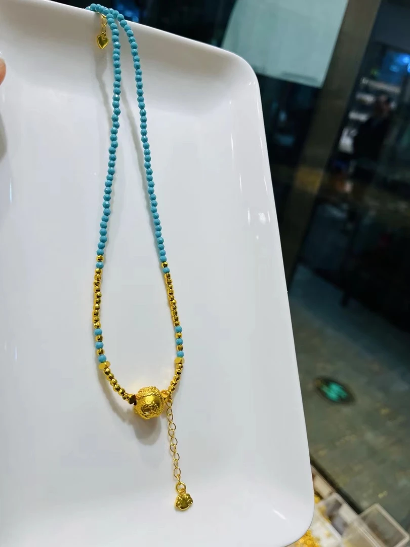 铜合金珐琅吊坠 虞露新中式古法蓝色金晶石龙珠手工时尚项链链子