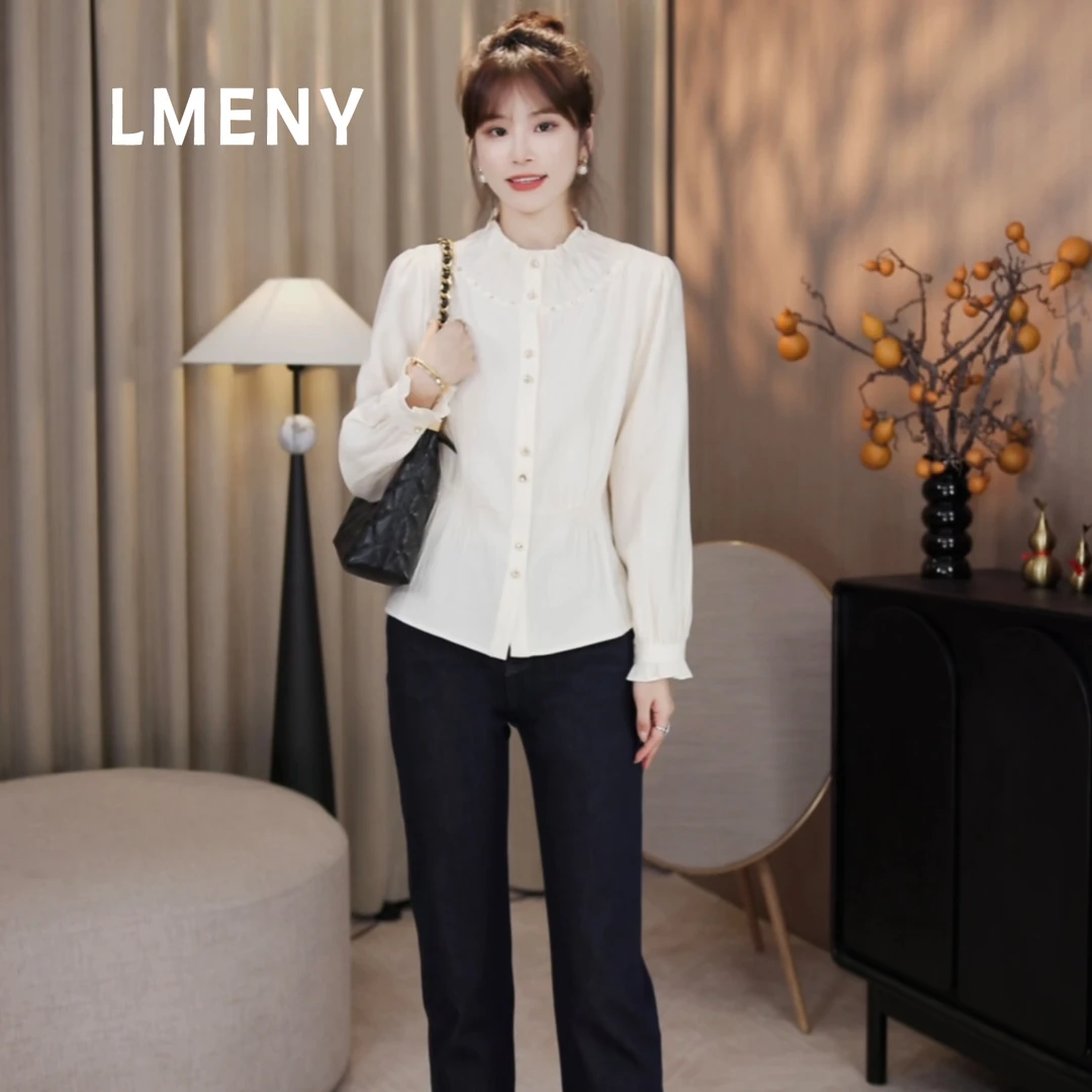 LMENY“高光衬衫”荷叶花边压褶串珠点缀收腰羊毛衬衫25CC032