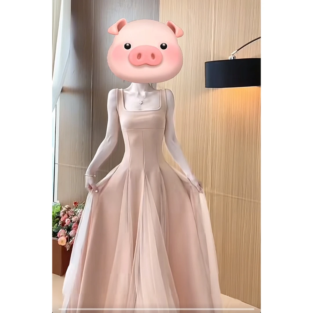 新款法式气质吊带连衣裙设计感拼接网纱仙女裙长裙（无胸垫）